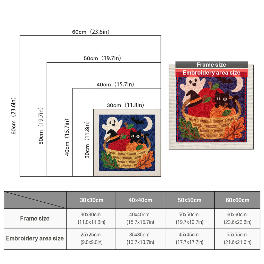 Size chart for square punch needle kits from 30 x 30 cm to 60 x 60 cm