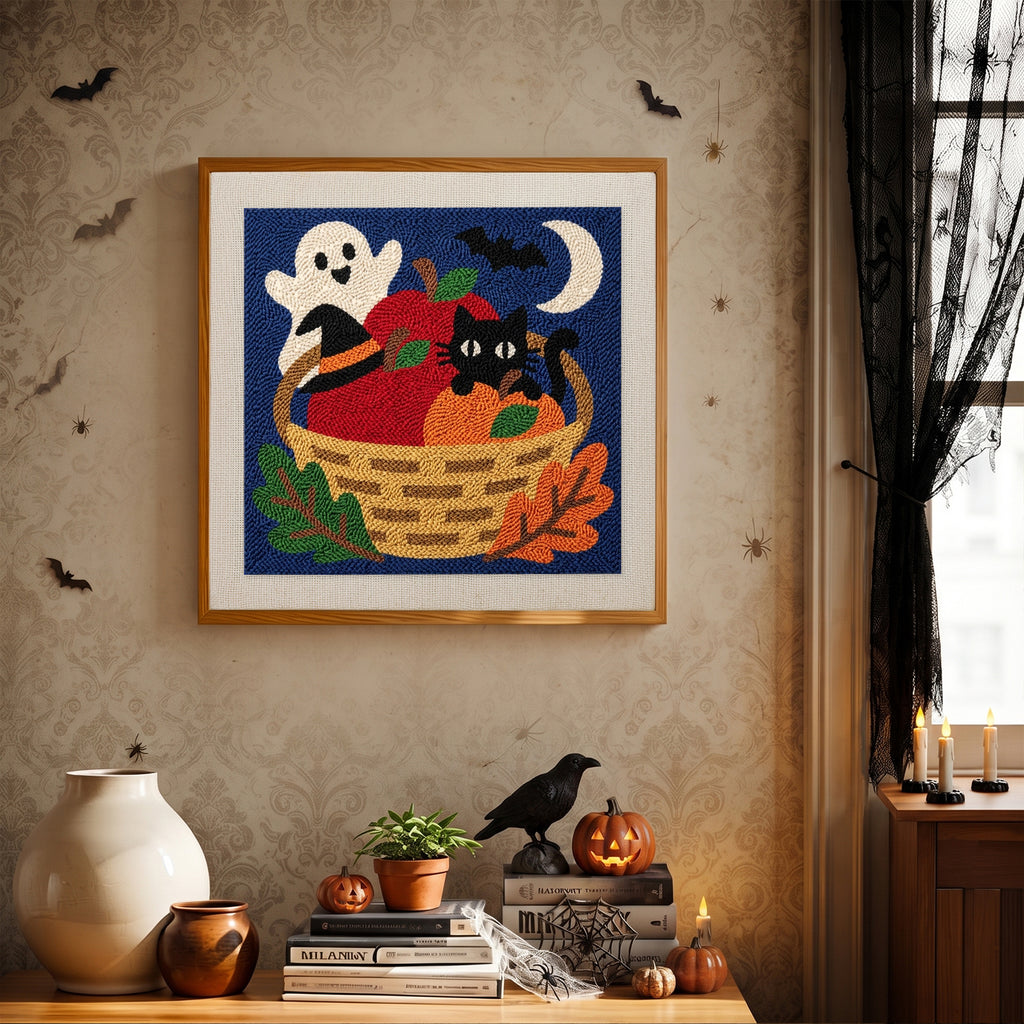 Finished Harvest Basket Cat punch needle canvas on a wall