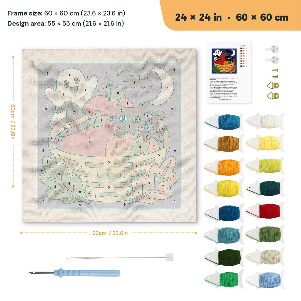 Harvest Basket Cat punch needle kit, 24 × 24 in (60 × 60 cm): canvas size and kit contents