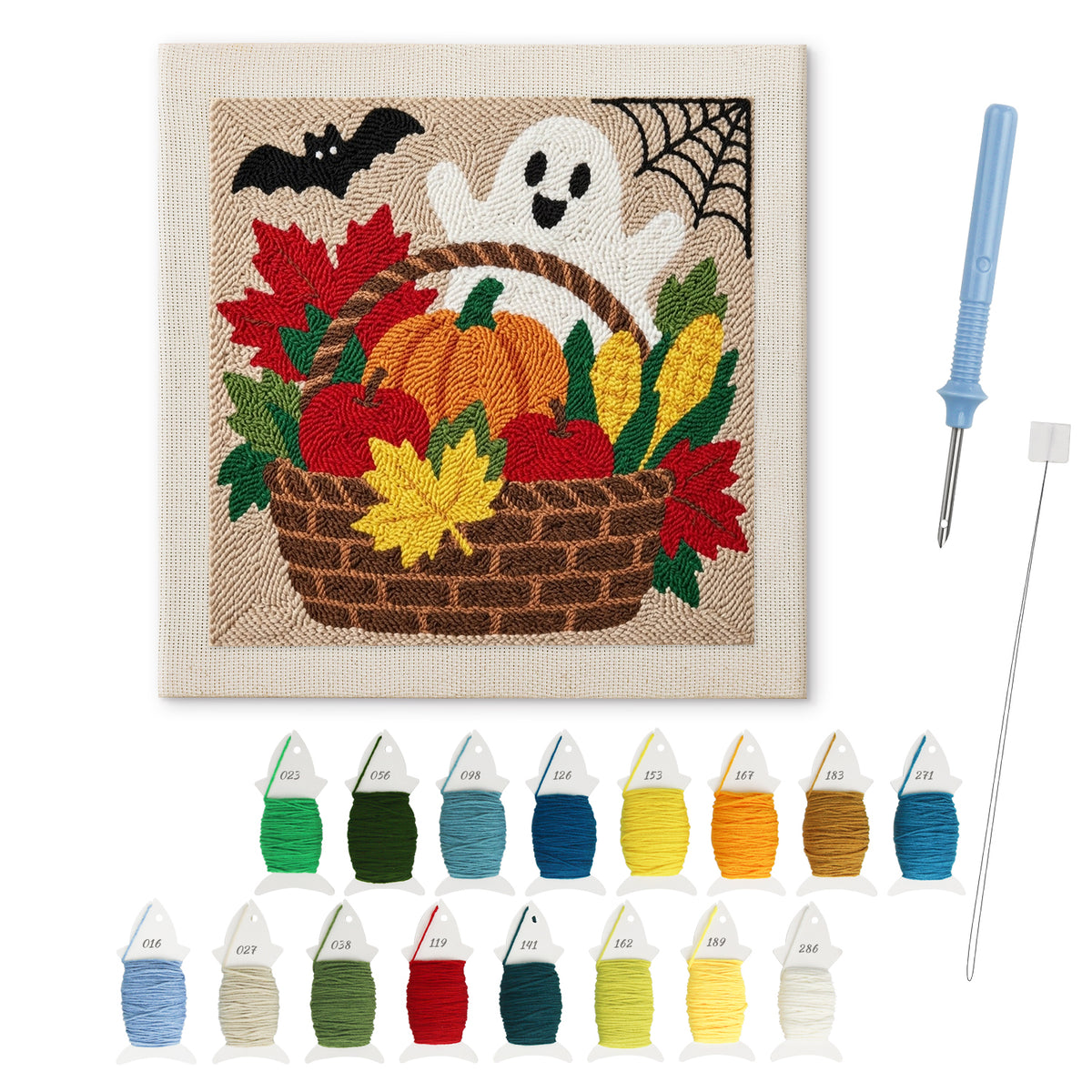 Harvest Basket Ghost punch needle kit: finished canvas with threads, punch needle and threader