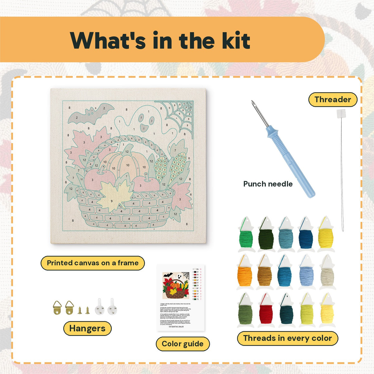 What is in the Harvest Basket Ghost kit: printed canvas, punch needle, threader, threads, color guide and hangers