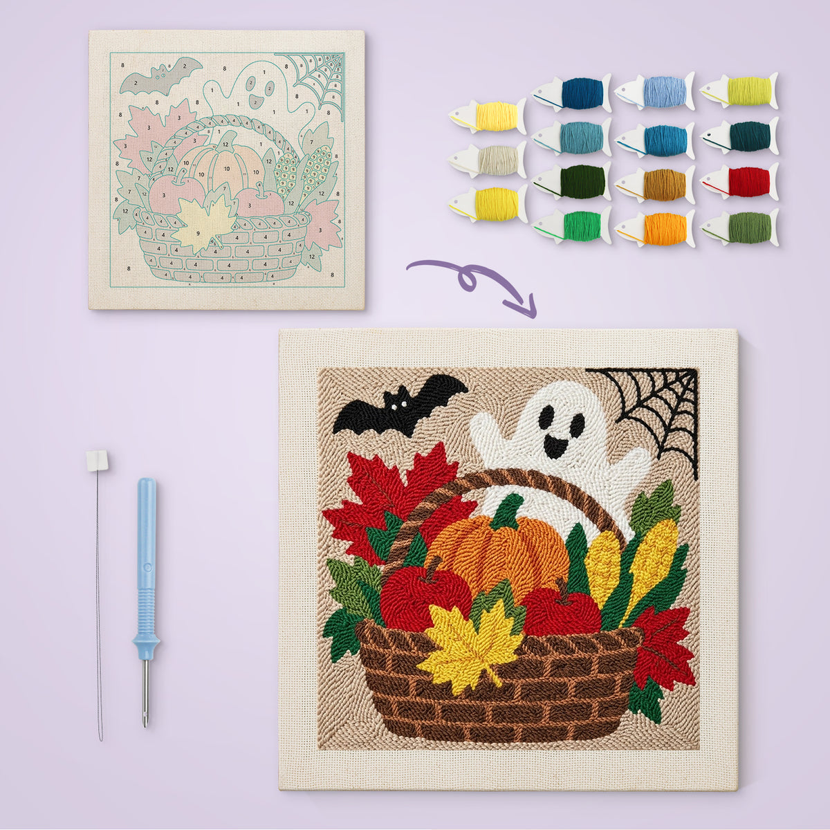 Harvest Basket Ghost canvas before and after punching, with the threads and tools