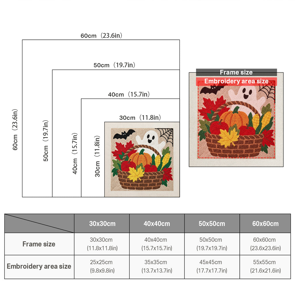 Size chart for square punch needle kits from 30 x 30 cm to 60 x 60 cm