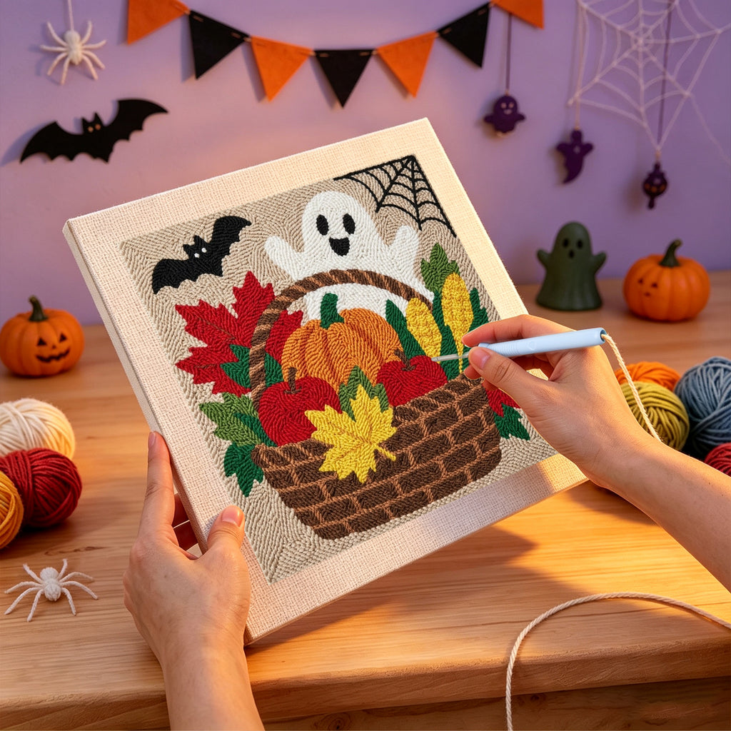 Punching the Harvest Basket Ghost design with the punch needle