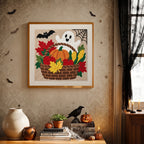 Finished Harvest Basket Ghost punch needle canvas on a wall