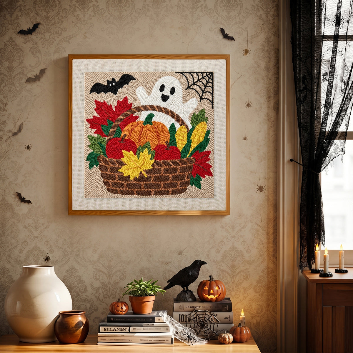 Finished Harvest Basket Ghost punch needle canvas on a wall