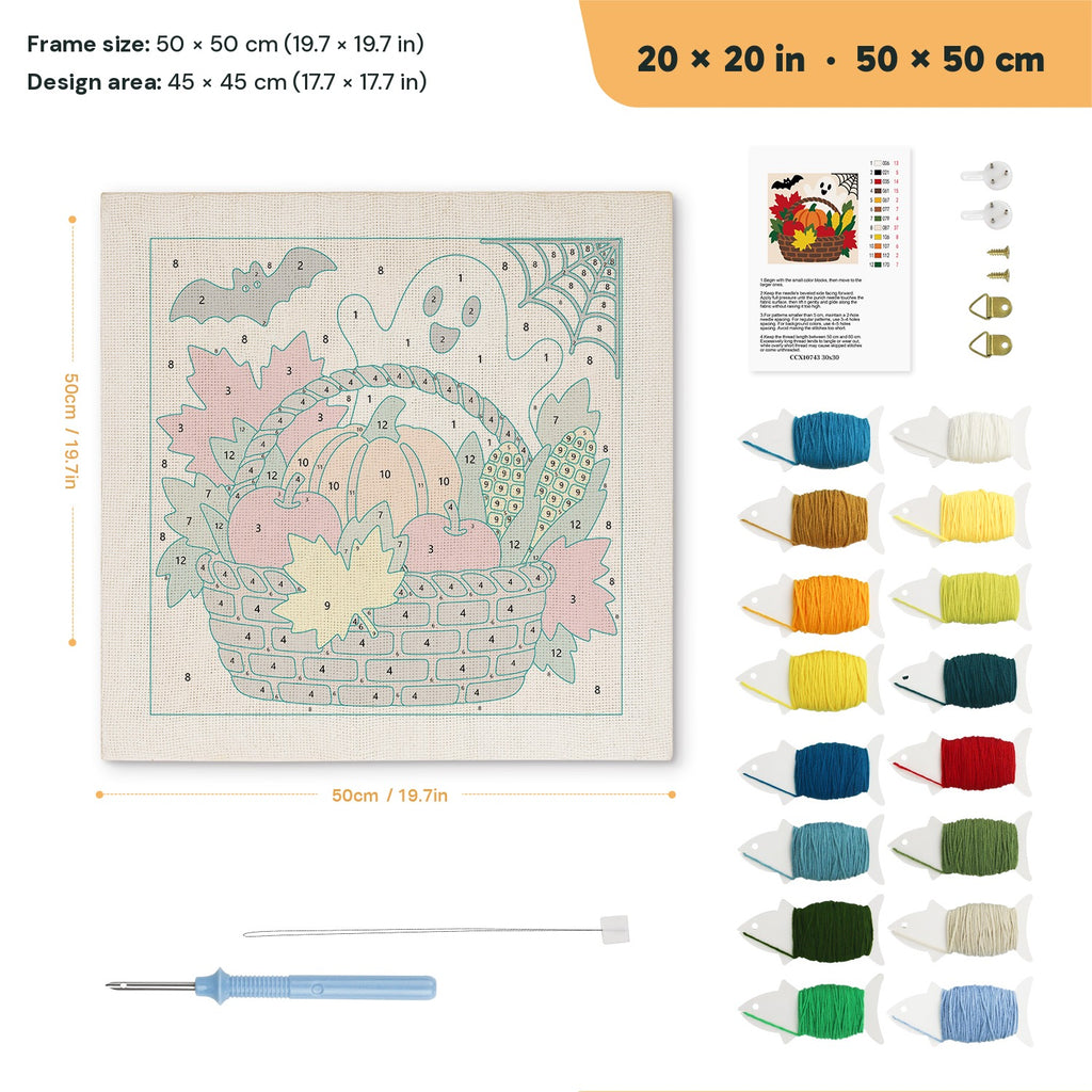 Harvest Basket Ghost punch needle kit, 20 × 20 in (50 × 50 cm): canvas size and kit contents