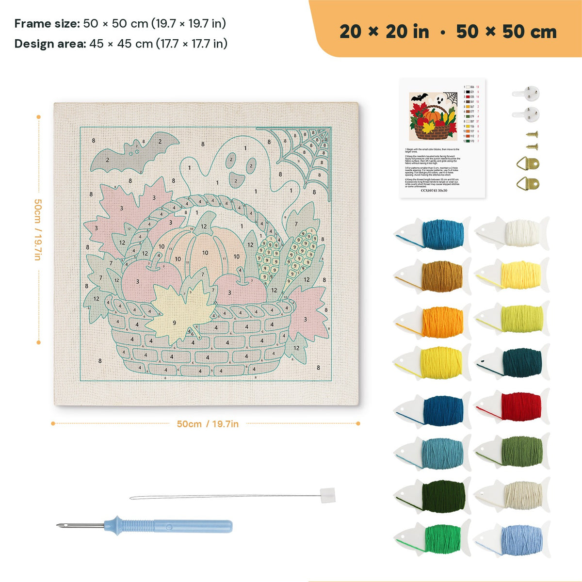 Harvest Basket Ghost punch needle kit, 20 × 20 in (50 × 50 cm): canvas size and kit contents