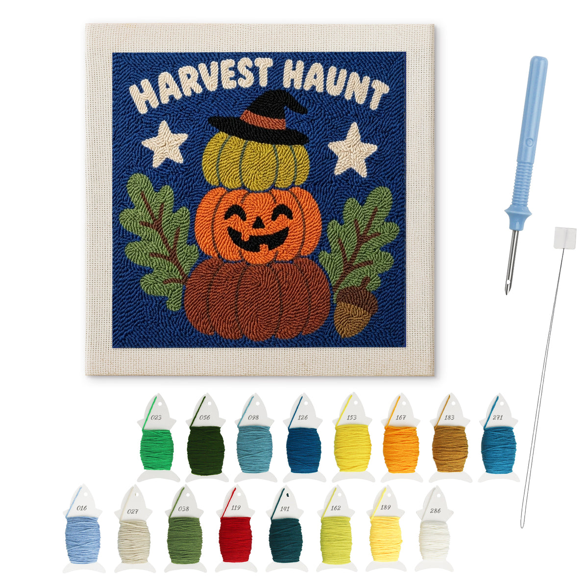 Harvest Haunt Stack punch needle kit: finished canvas with threads, punch needle and threader