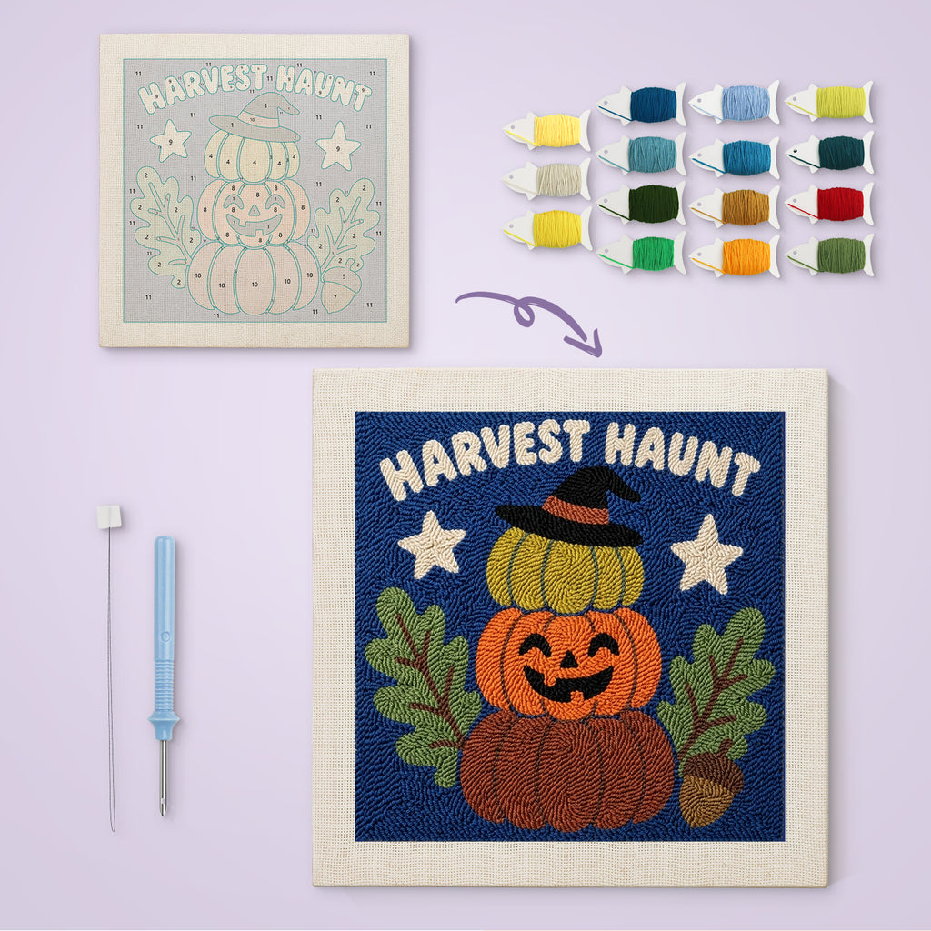 Harvest Haunt Stack canvas before and after punching, with the threads and tools