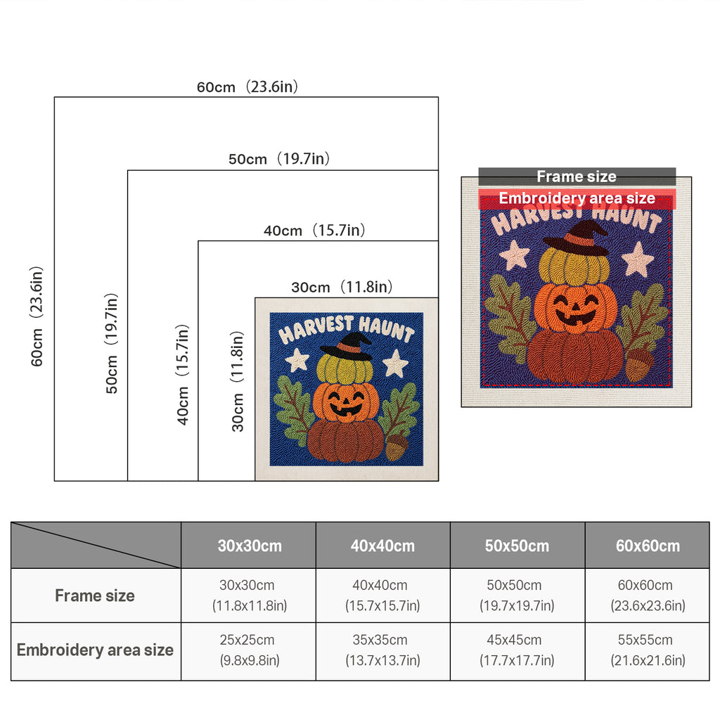 Size chart for square punch needle kits from 30 x 30 cm to 60 x 60 cm