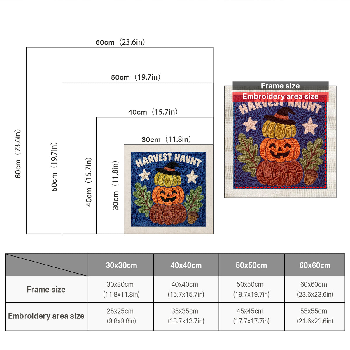 Size chart for square punch needle kits from 30 x 30 cm to 60 x 60 cm