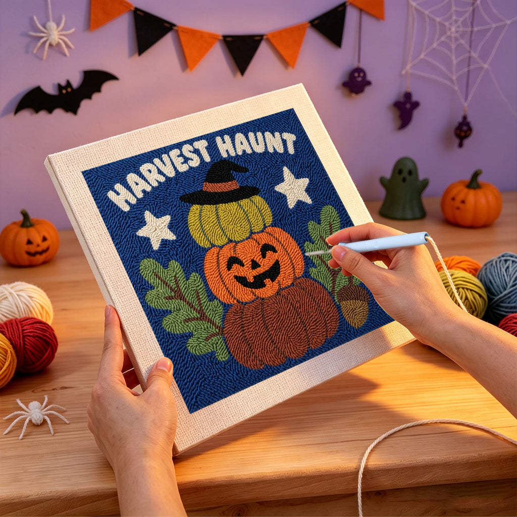 Punching the Harvest Haunt Stack design with the punch needle