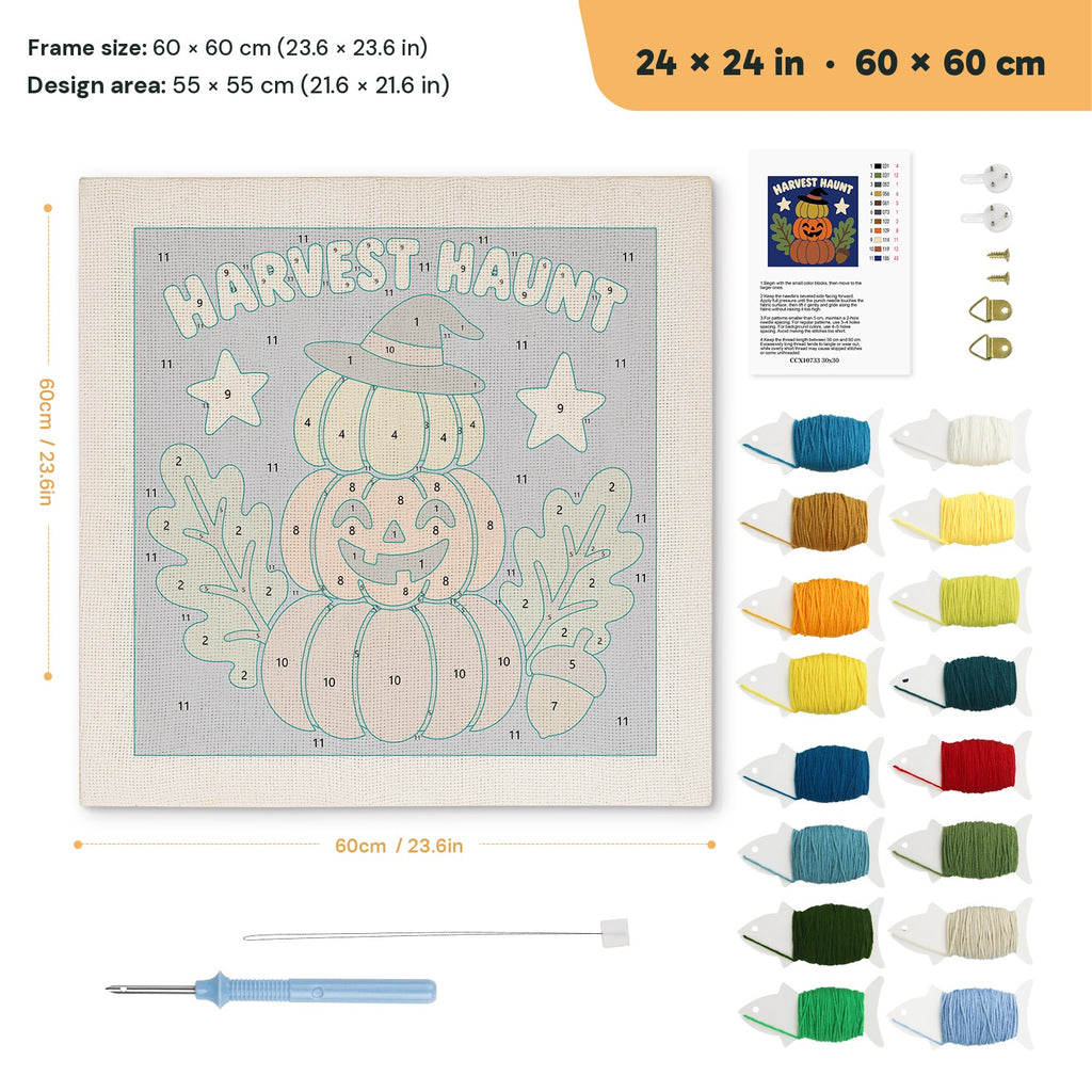 Harvest Haunt Stack punch needle kit, 24 × 24 in (60 × 60 cm): canvas size and kit contents