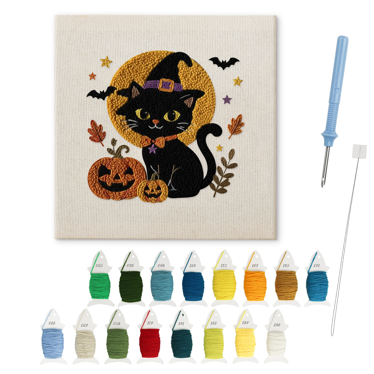 Harvest Moon Cat punch needle kit: finished canvas with threads, punch needle and threader