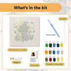 What is in the Harvest Moon Cat kit: printed canvas, punch needle, threader, threads, color guide and hangers