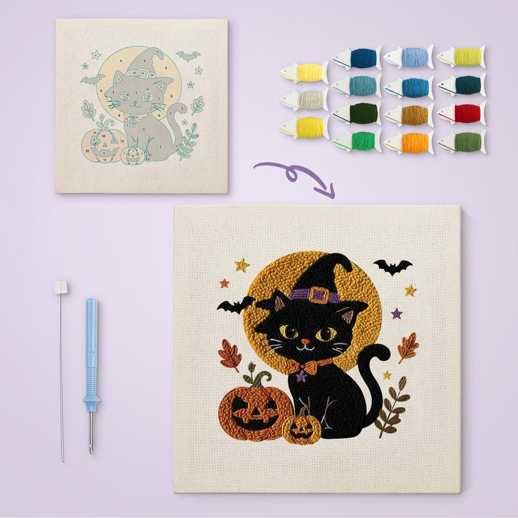 Harvest Moon Cat canvas before and after punching, with the threads and tools