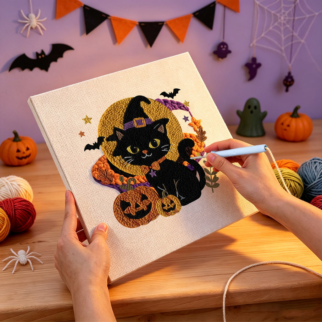 Punching the Harvest Moon Cat design with the punch needle