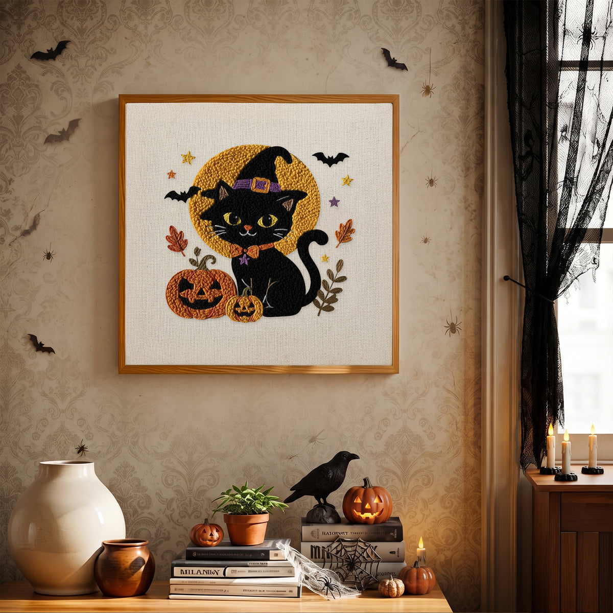 Finished Harvest Moon Cat punch needle canvas on a wall