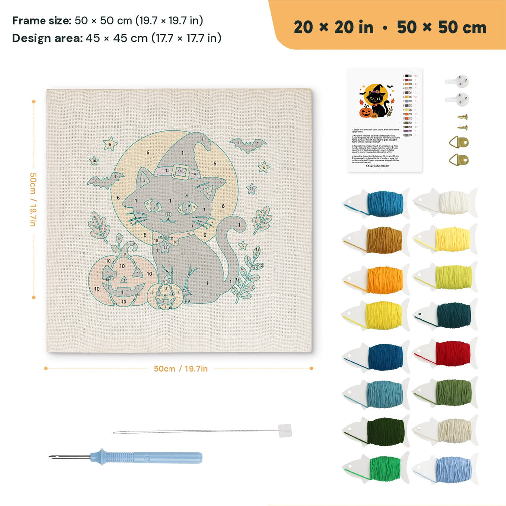 Harvest Moon Cat punch needle kit, 20 × 20 in (50 × 50 cm): canvas size and kit contents