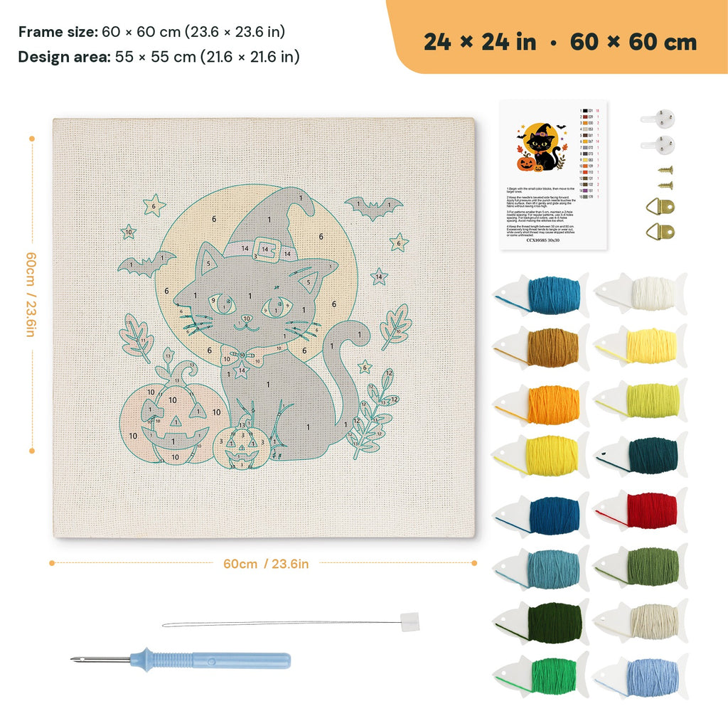 Harvest Moon Cat punch needle kit, 24 × 24 in (60 × 60 cm): canvas size and kit contents