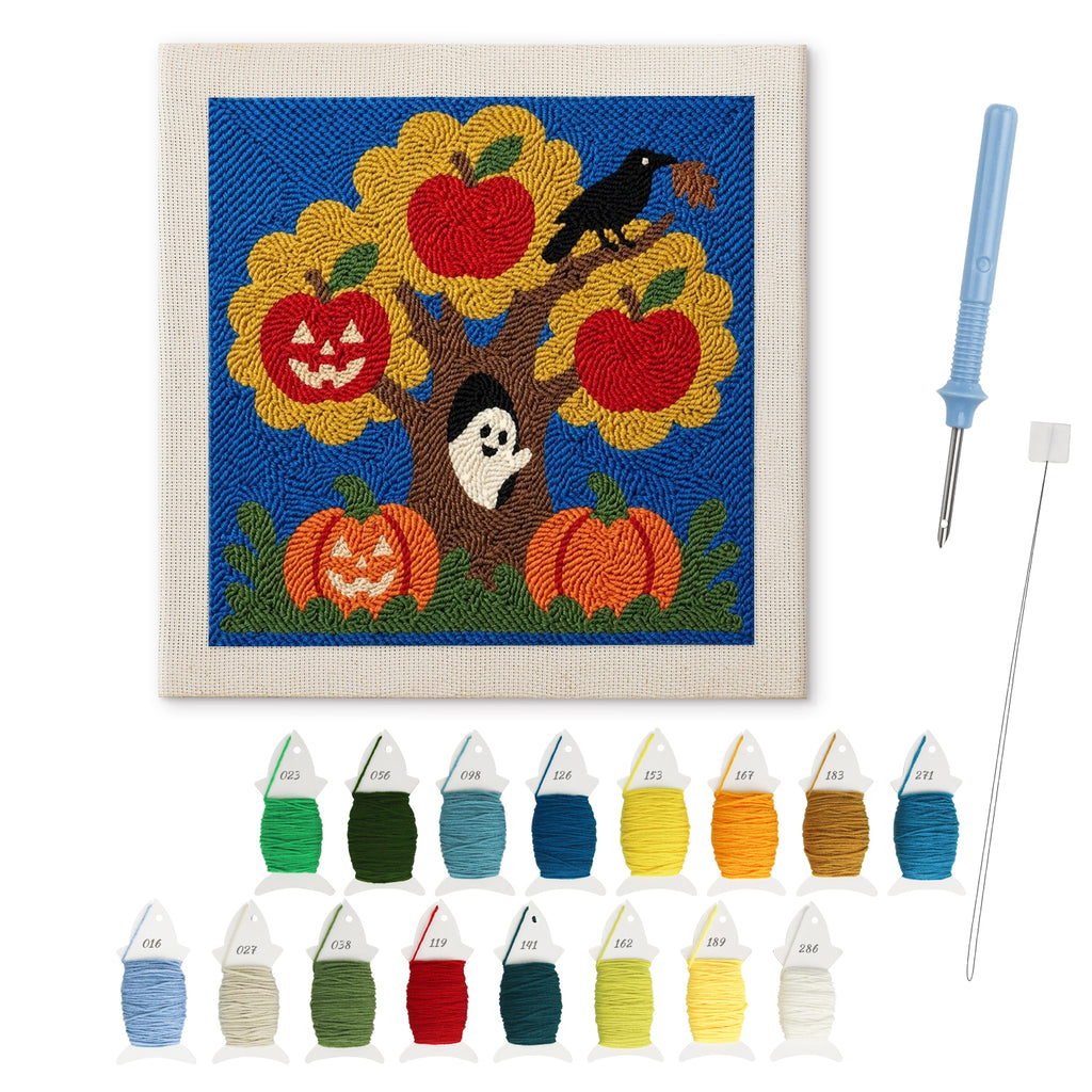 Haunted Apple Tree punch needle kit: finished canvas with threads, punch needle and threader