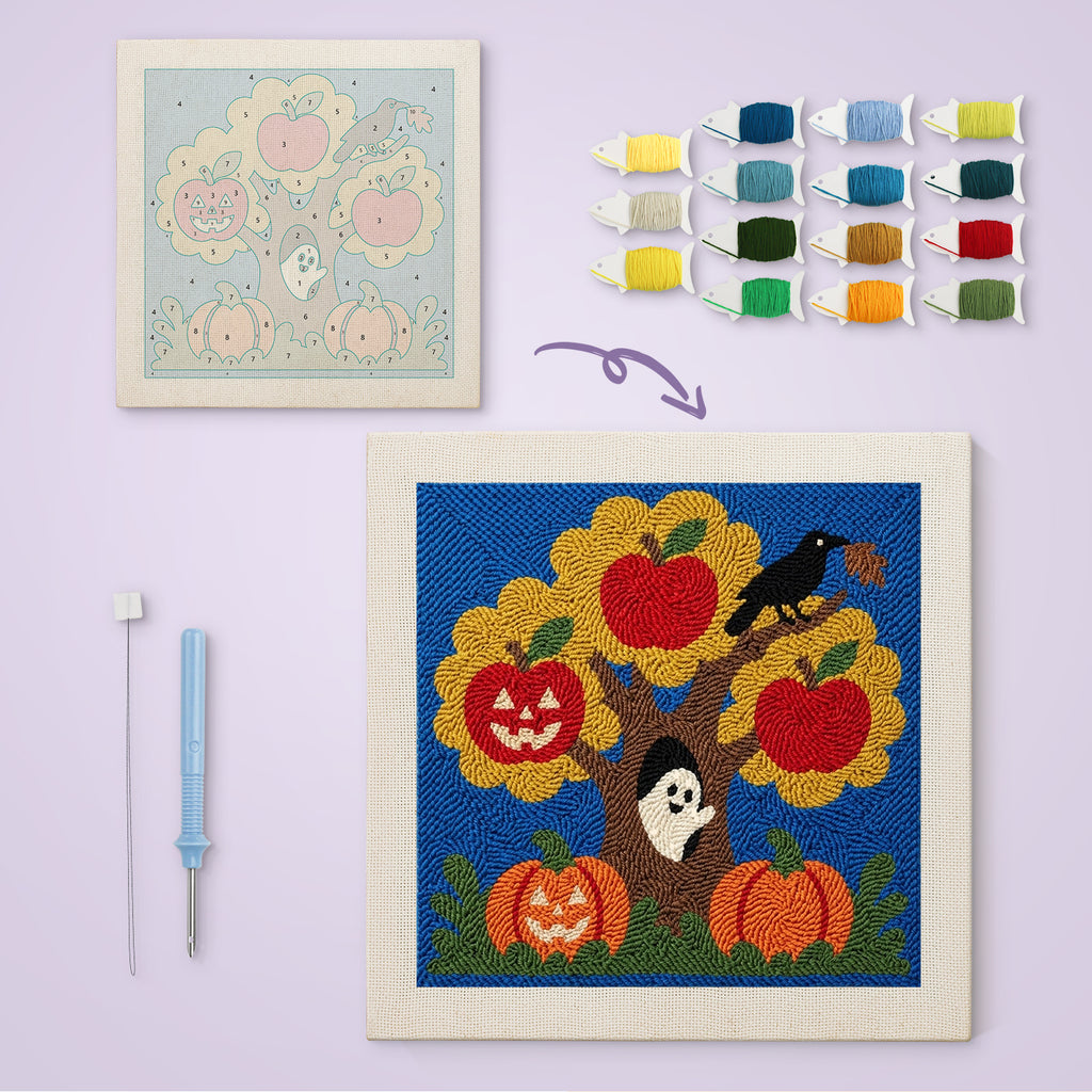Haunted Apple Tree canvas before and after punching, with the threads and tools