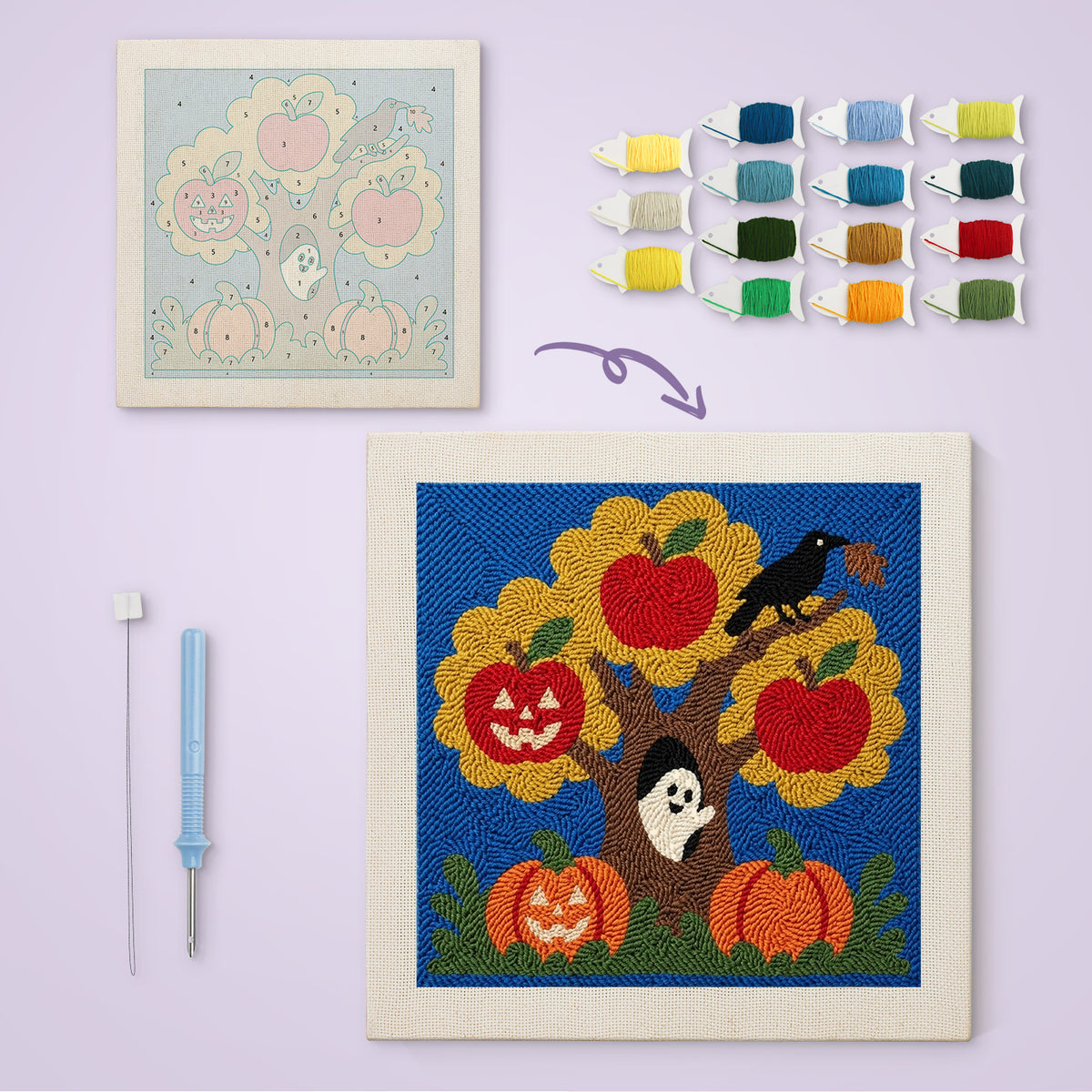 Haunted Apple Tree canvas before and after punching, with the threads and tools