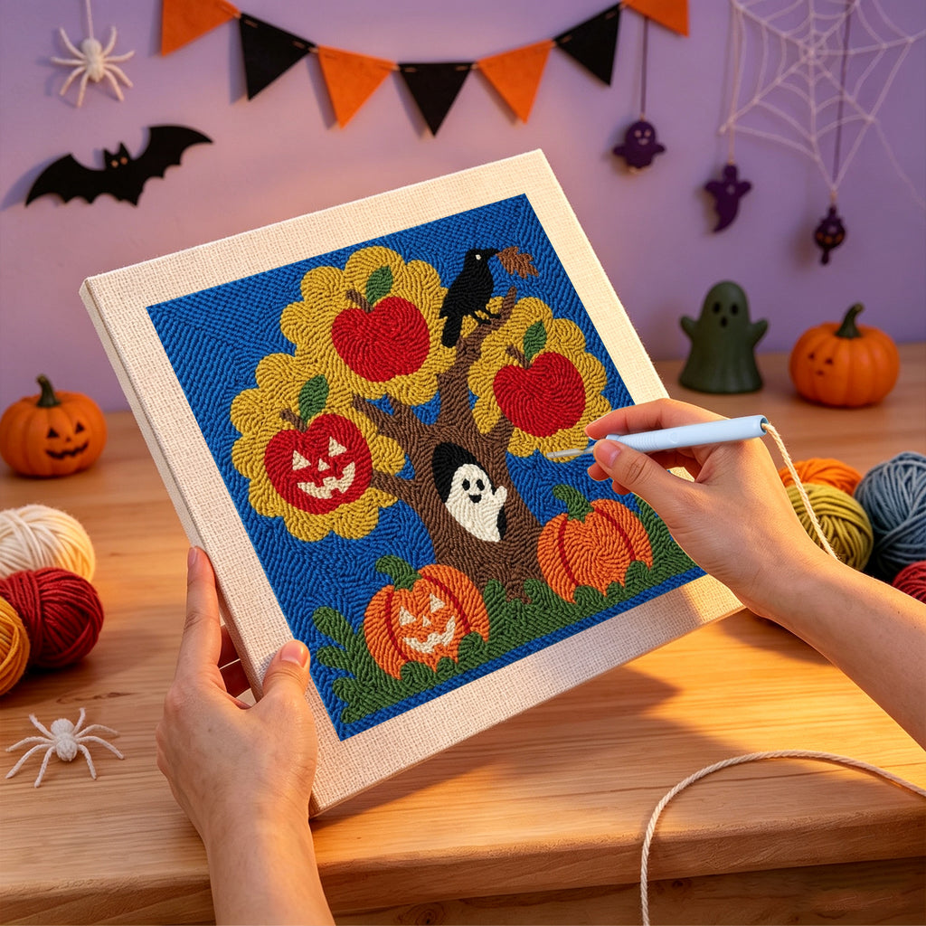 Punching the Haunted Apple Tree design with the punch needle