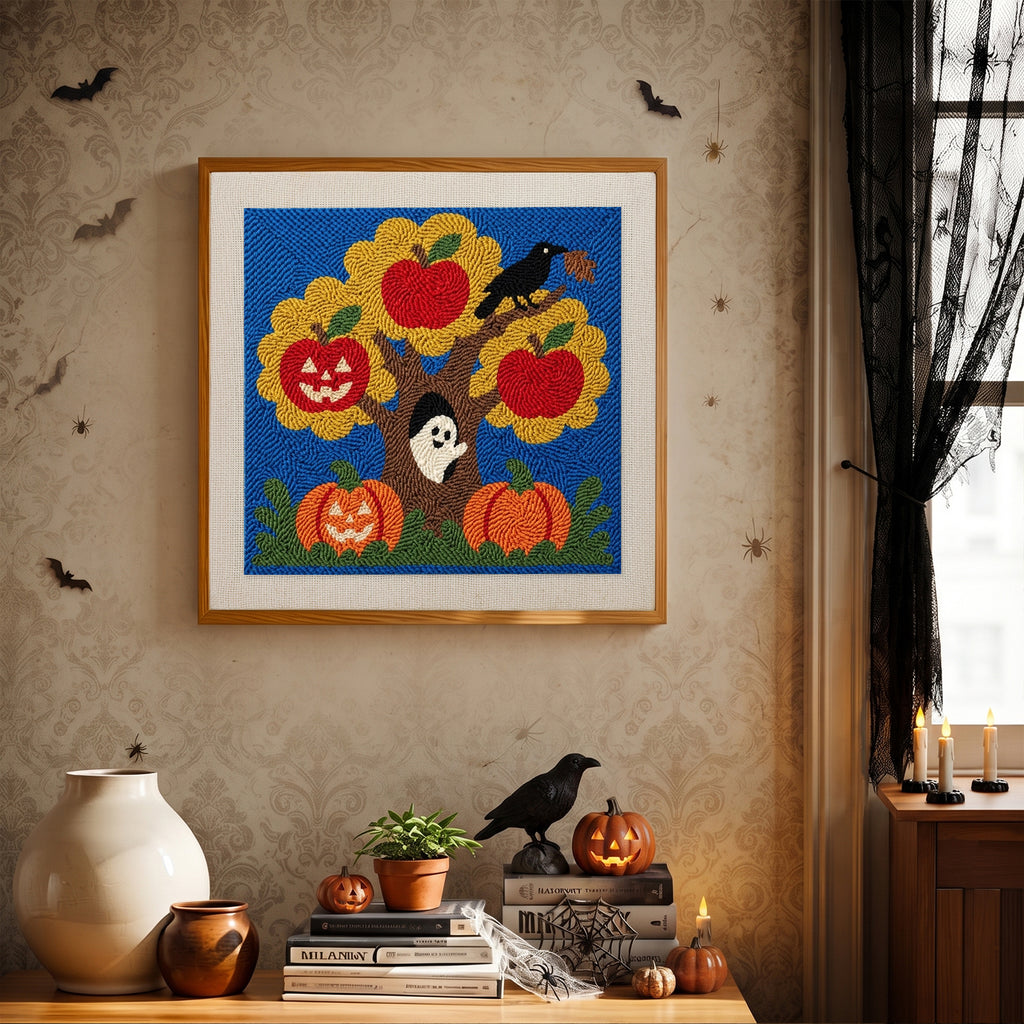 Finished Haunted Apple Tree punch needle canvas on a wall
