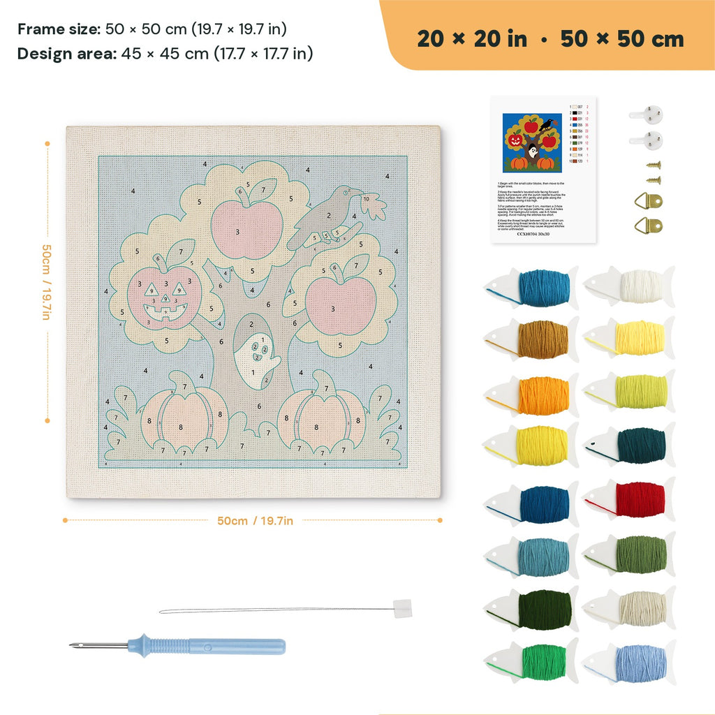 Haunted Apple Tree punch needle kit, 20 × 20 in (50 × 50 cm): canvas size and kit contents