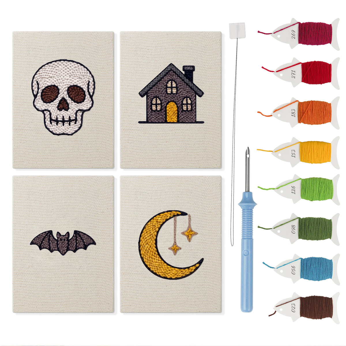 Haunted House Night mini punch needle kit set: four finished canvases with threads, punch needle and threader