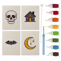 Haunted House Night mini punch needle kit set: four finished canvases with threads, punch needle and threader