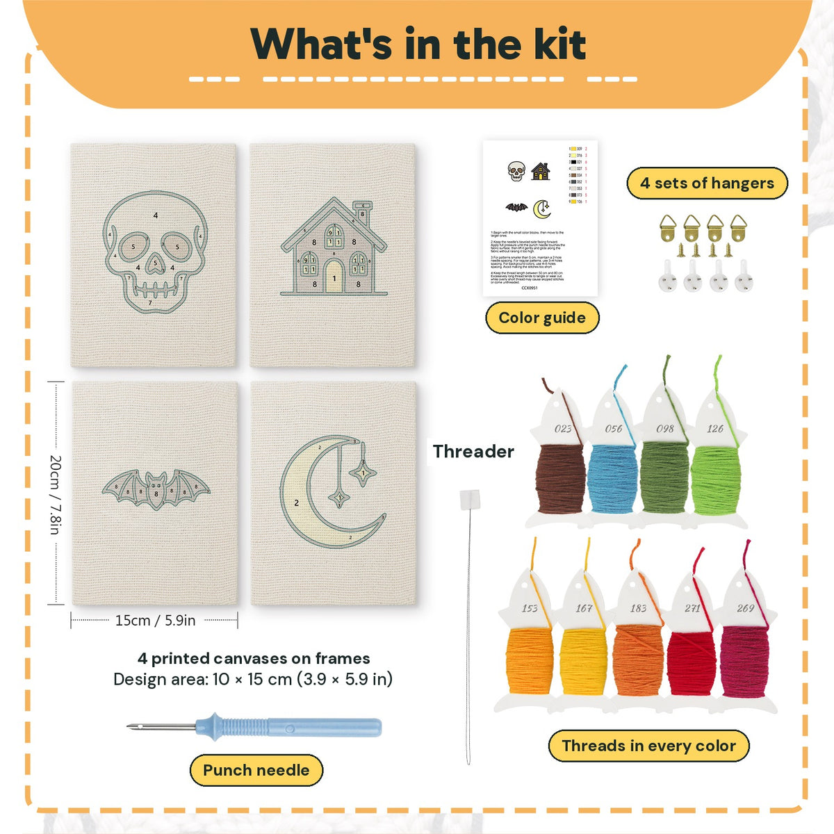 What is in the Haunted House Night set: 4 printed canvases, punch needle, threader, threads, color guide and 4 sets of hangers (6 × 8 in (15 × 20 cm) each)