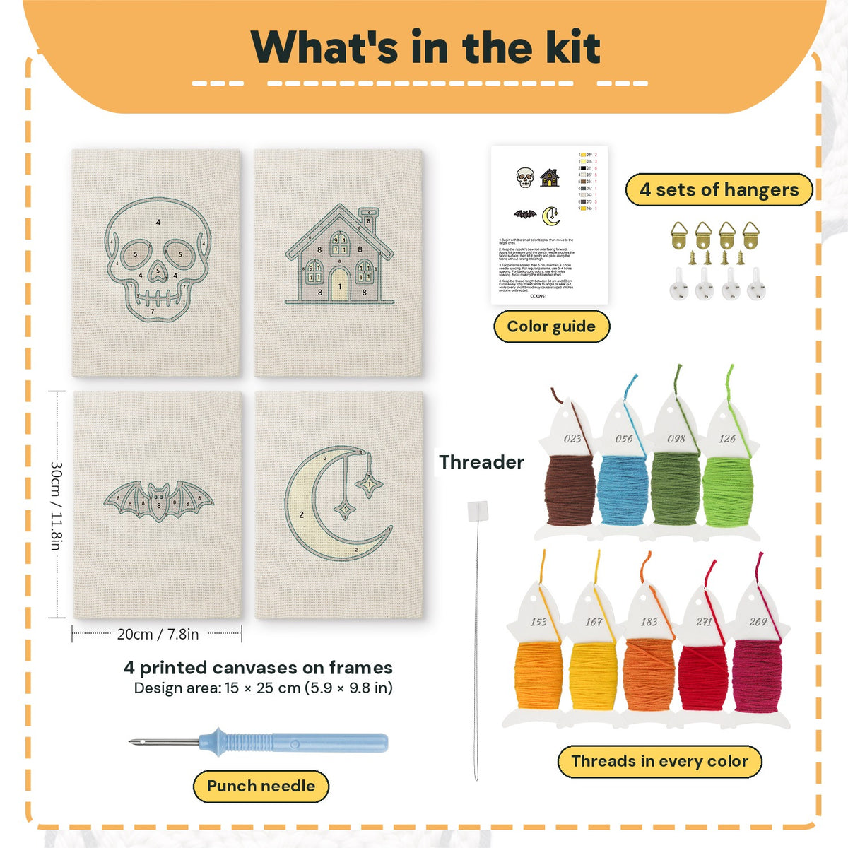 What is in the Haunted House Night set, 8 × 12 in (20 × 30 cm) each: 4 printed canvases, punch needle, threader, threads, color guide and 4 sets of hangers