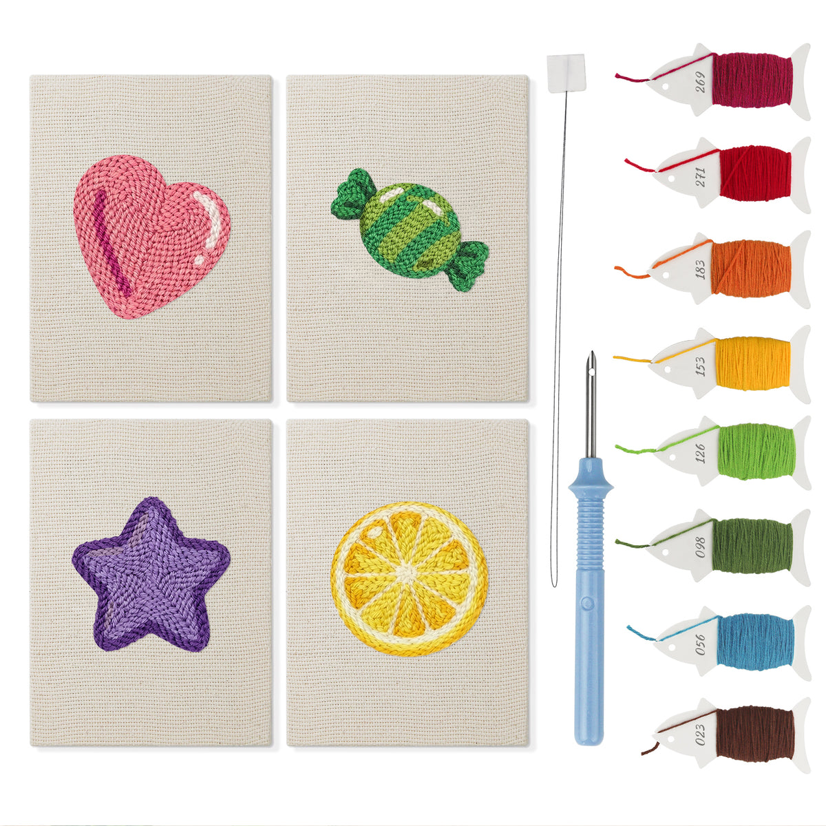 Heart Candy Mix mini punch needle kit set: four finished canvases with threads, punch needle and threader