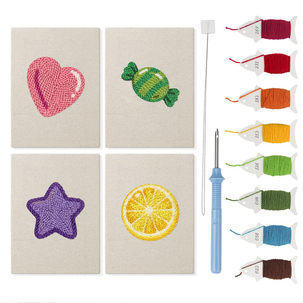 Heart Candy Mix mini punch needle kit set: four finished canvases with threads, punch needle and threader