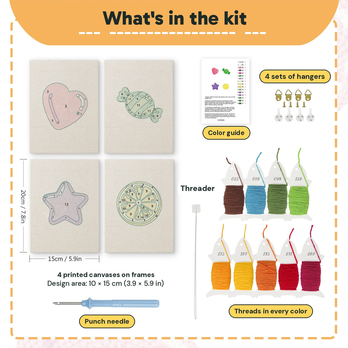 What is in the Heart Candy Mix set: 4 printed canvases, punch needle, threader, threads, color guide and 4 sets of hangers (6 × 8 in (15 × 20 cm) each)