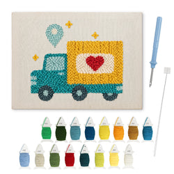Heart Delivery Truck punch needle kit: finished canvas with threads, punch needle and threader