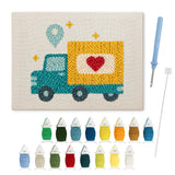 Heart Delivery Truck punch needle kit: finished canvas with threads, punch needle and threader