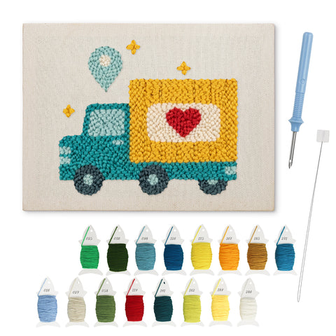 Heart Delivery Truck punch needle kit: finished canvas with threads, punch needle and threader