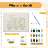 What is in the Heart Delivery Truck kit: printed canvas, punch needle, threader, threads, color guide and hangers