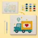 Heart Delivery Truck canvas before and after punching, with the threads and tools