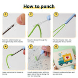 Six steps showing how to thread and use the punch needle