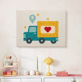 Finished Heart Delivery Truck punch needle canvas on a wall