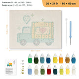 Heart Delivery Truck punch needle kit, 20 × 24 in (50 × 60 cm): canvas size and kit contents
