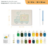 Heart Delivery Truck punch needle kit, 8 × 12 in (20 × 30 cm): canvas size and kit contents