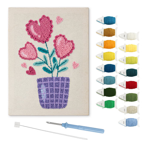 Heart Flower Pot punch needle kit: finished canvas with threads, punch needle and threader