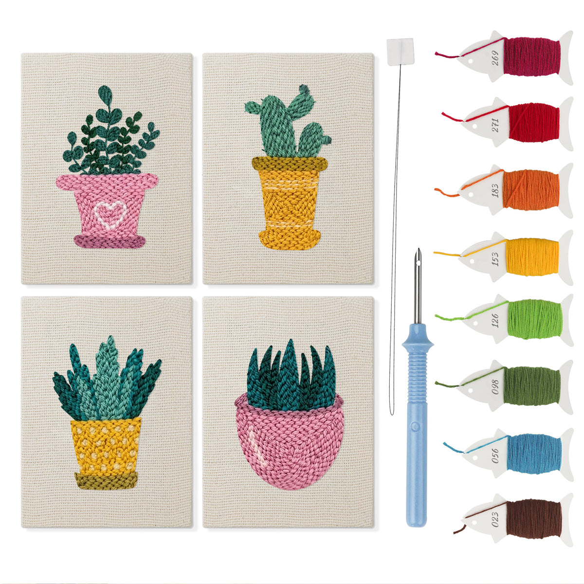 Heart Pot Succulents mini punch needle kit set: four finished canvases with threads, punch needle and threader