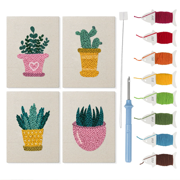 Heart Pot Succulents mini punch needle kit set: four finished canvases with threads, punch needle and threader